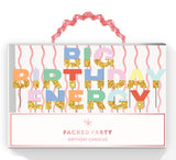 Packed Party Big Birthday Energy Glitter Letter Candle Set - Multicolor Rainbow Alphabet Candles with Gold Glitter Trim, Spell-Out Cake Candles in Gift Box