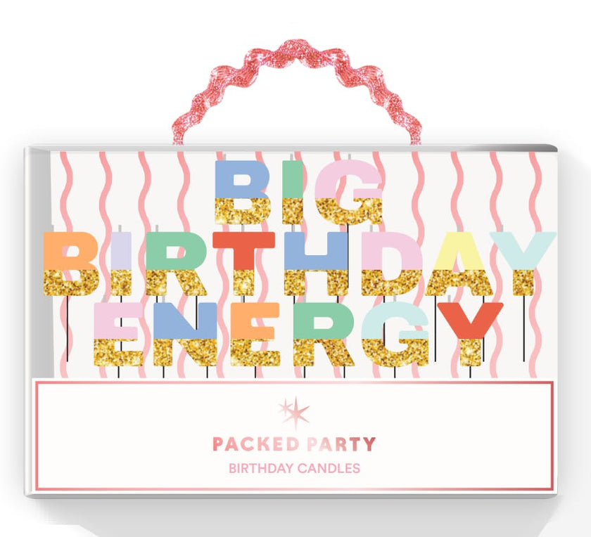 Packed Party Big Birthday Energy Glitter Letter Candle Set - Multicolor Rainbow Alphabet Candles with Gold Glitter Trim, Spell-Out Cake Candles in Gift Box