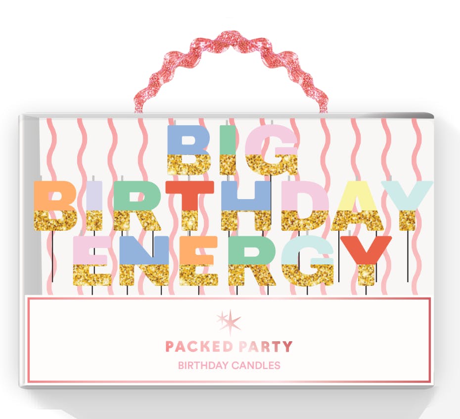 Packed Party Big Birthday Energy Glitter Letter Candle Set - Multicolor Rainbow Alphabet Candles with Gold Glitter Trim, Spell-Out Cake Candles in Gift Box
