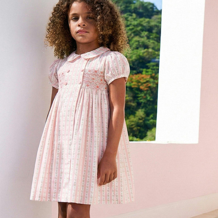 Pink Floral Stripe Arcadia Girl Hand-Smocked Dress