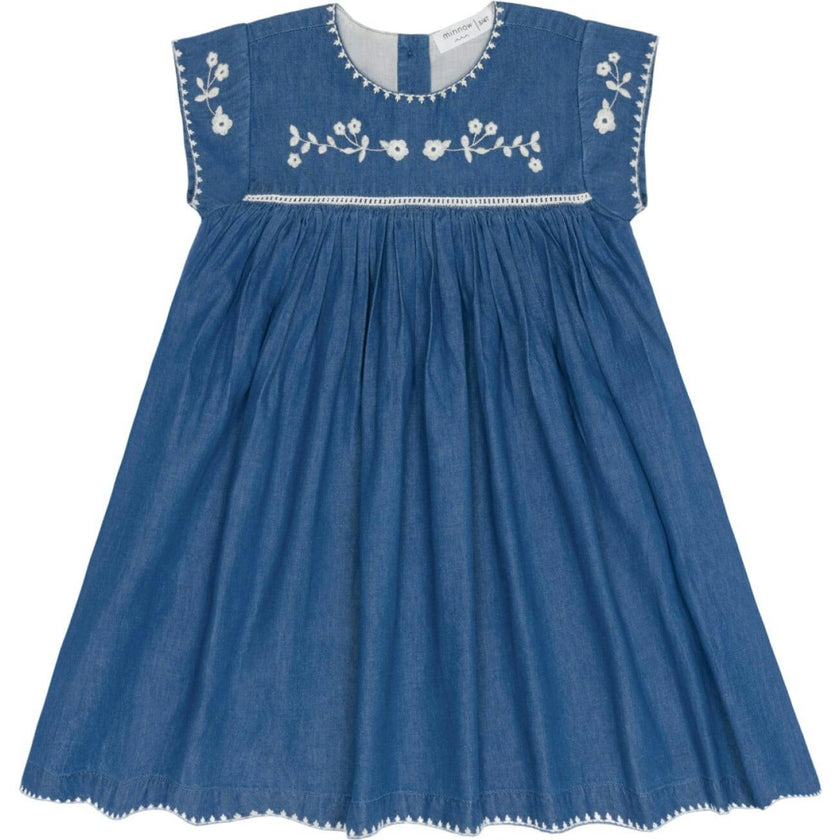 girls chambray embroidered cap sleeve dress