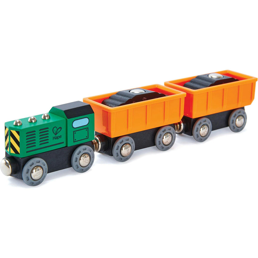 Hape: Diesel Freight Train- Green & Orange - 3pc Wooden Locomotive Toy