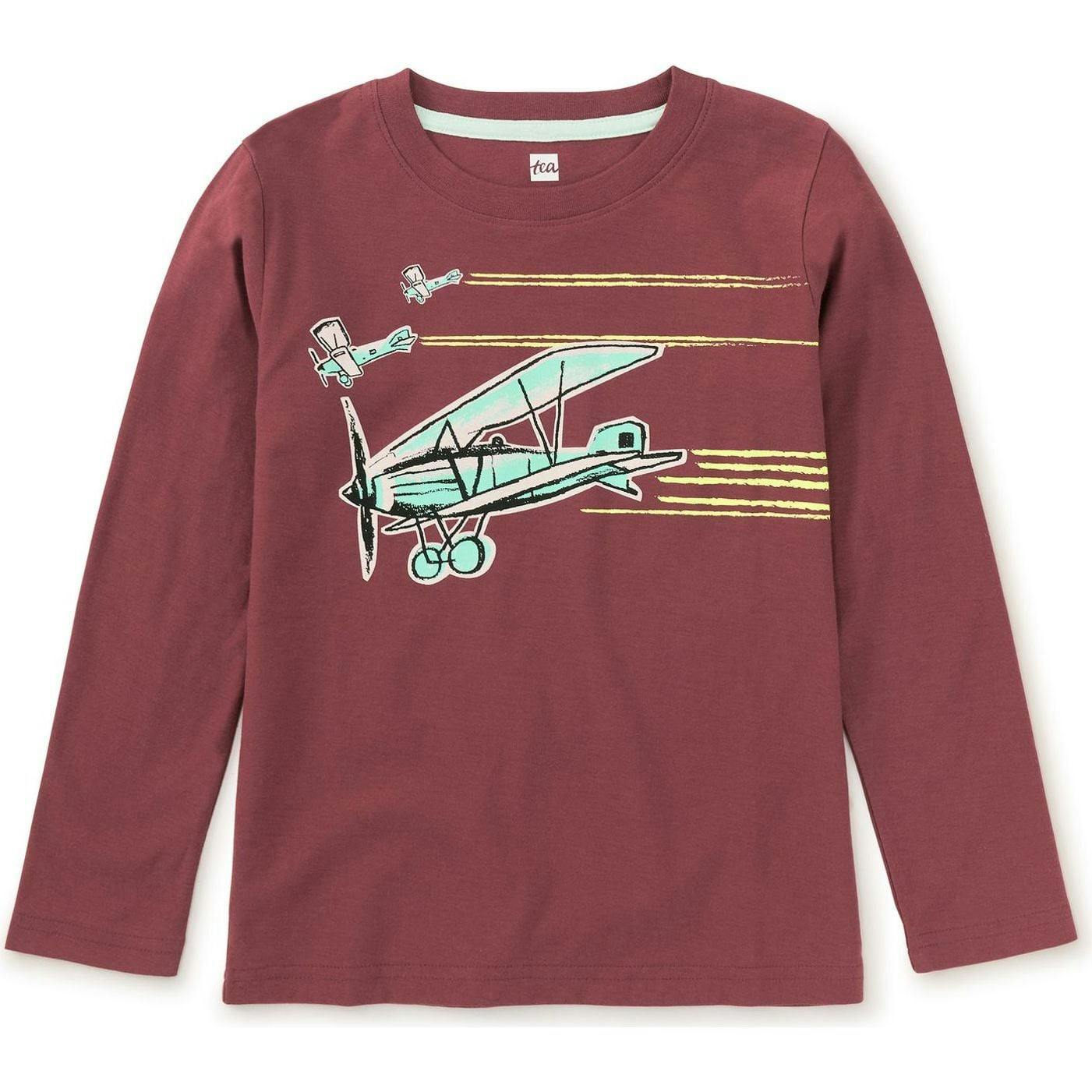 Airplane Trio Graphic Print Crew Neck Long Sleeve T-Shirt, Red