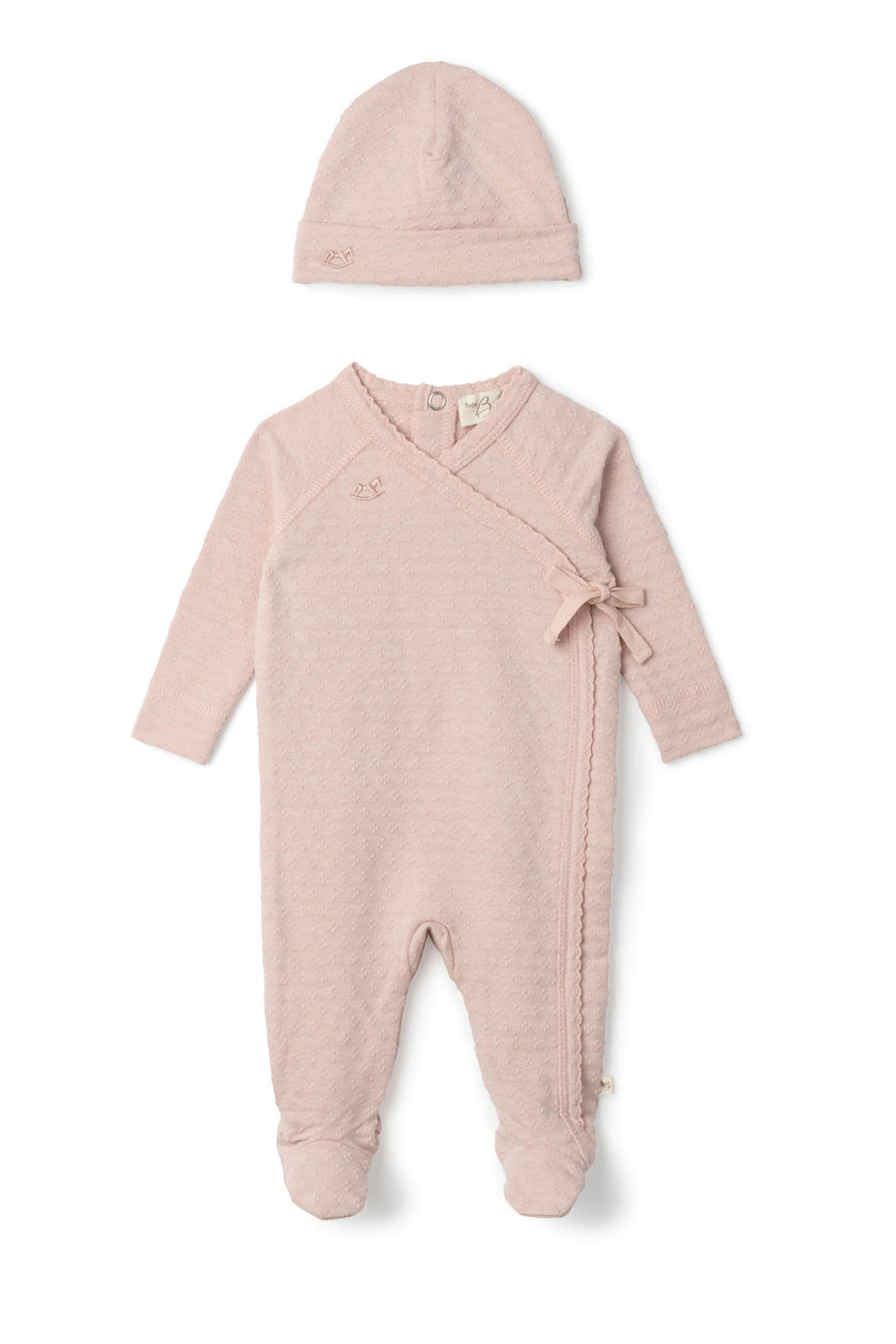 Embossed Diamond Wrap Snap Front Romper and Hat Two Piece Set