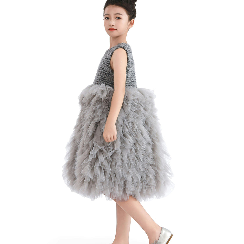 Gray Textured Bodice Tulle Gown