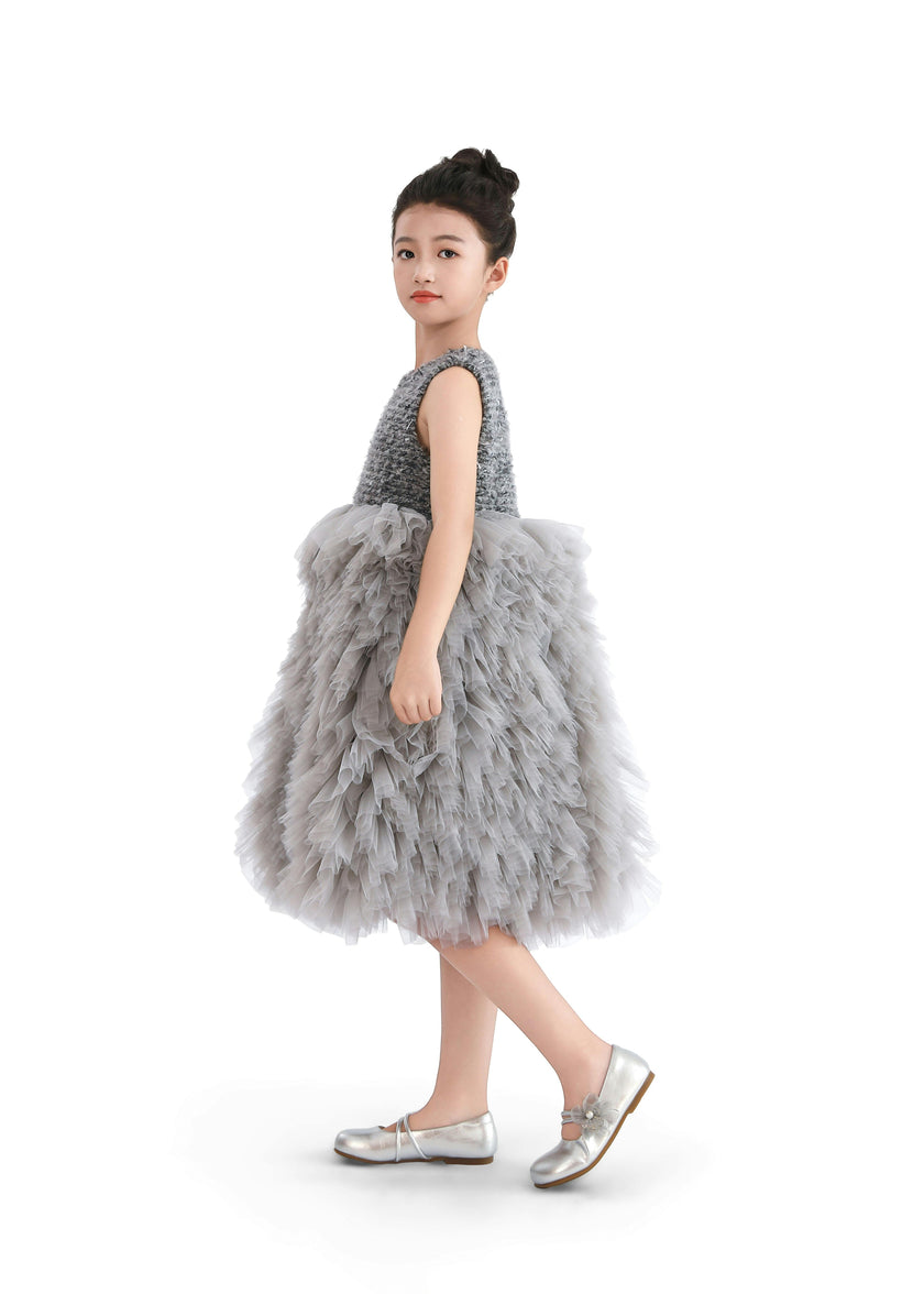 Gray Textured Bodice Tulle Gown