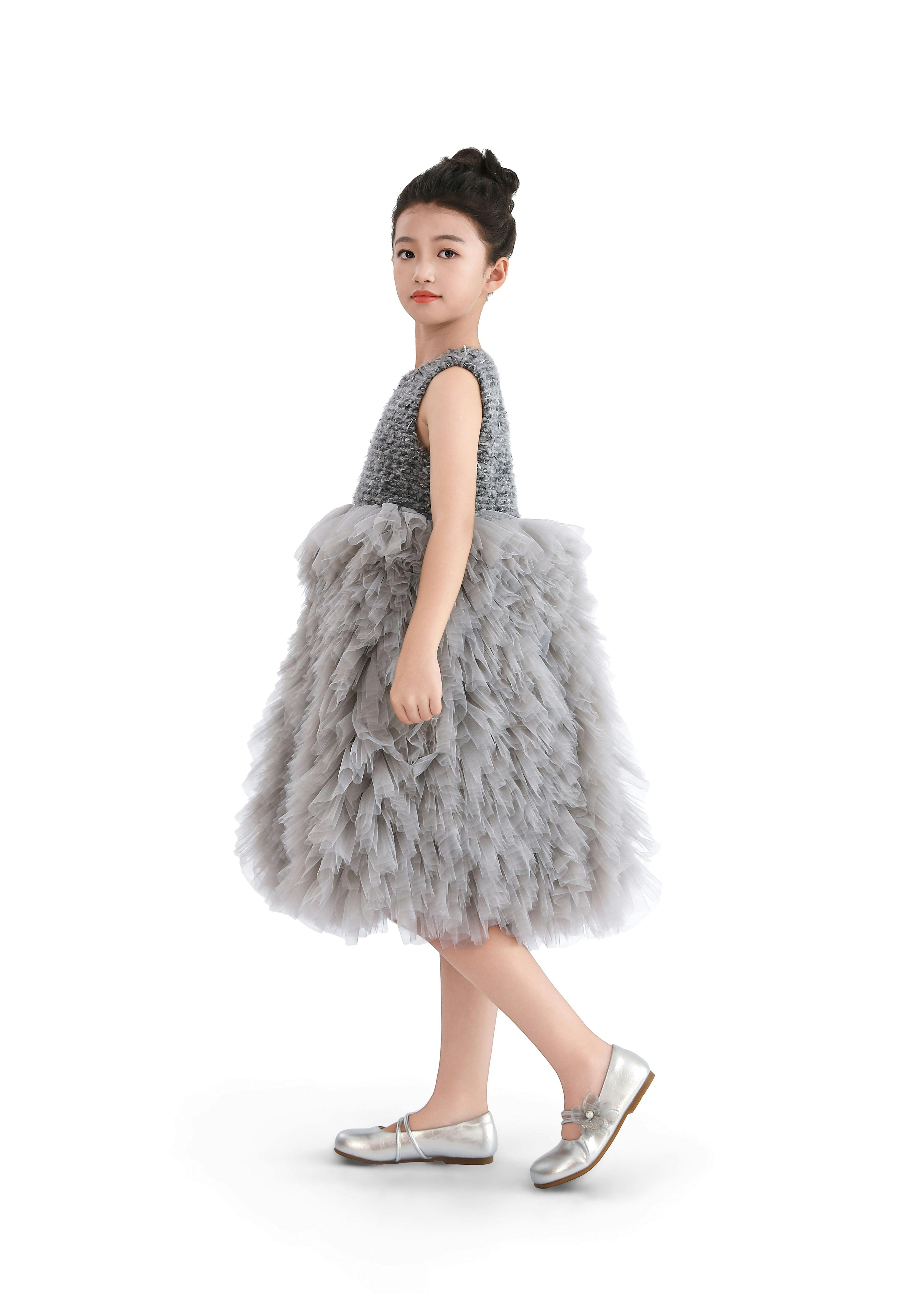 Gray Textured Bodice Tulle Gown