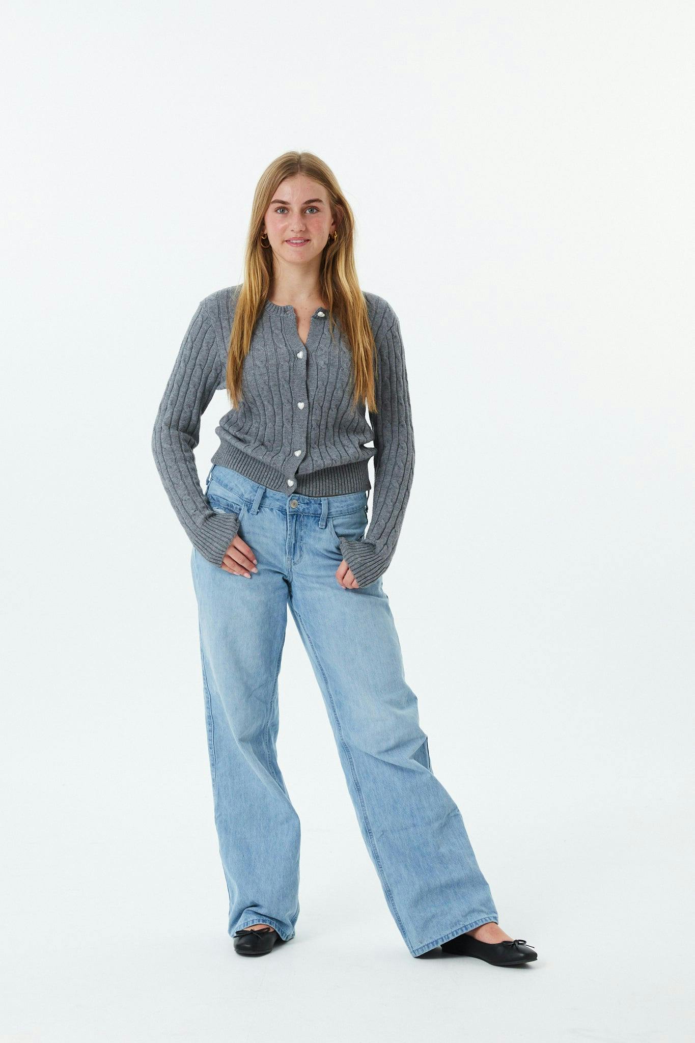 Adele Mid Grey With Heart Shell Buttons Cable Knit Sweater Cable Knit Button Down