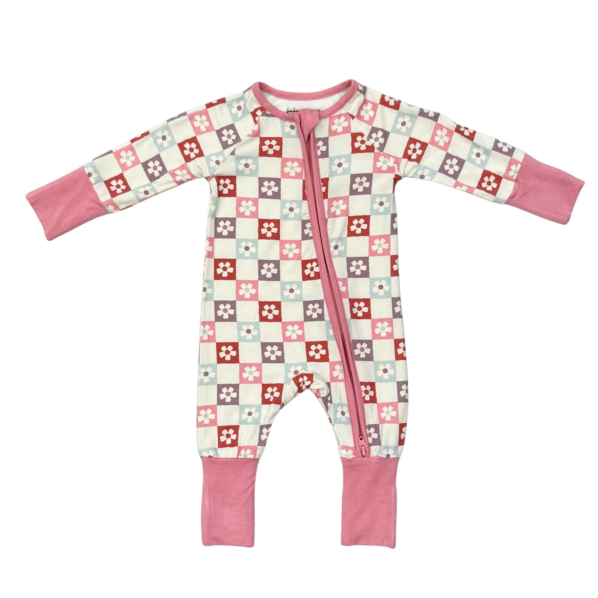 Long Sleeve Zip Romper in Wavy Daisy Checkered