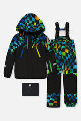 Two Piece Play Snowsuit Black Colorblock With Green Yellow And Blue Checkerboard Pants