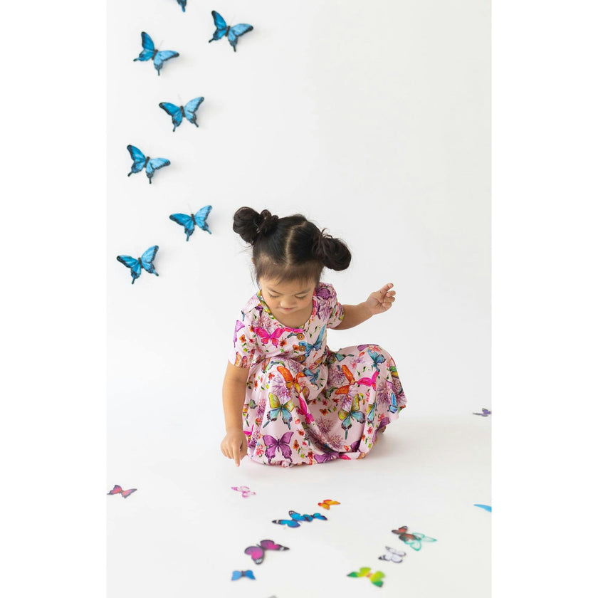 Watercolor Butterfly Short Sleeve Ruffled Twirl Dress