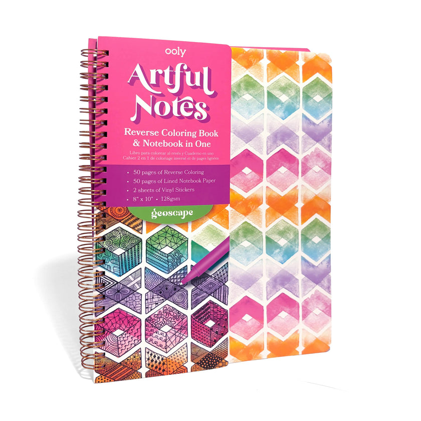 Artful Notes Reverse Coloring Notebook - Geoscape - 100 Pages 2 Sticker Sheets