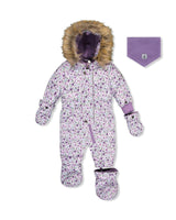 Baby Original One Piece Puffy Snowsuit With Removable Mittens And Boots Purple Printed Mini Flowers