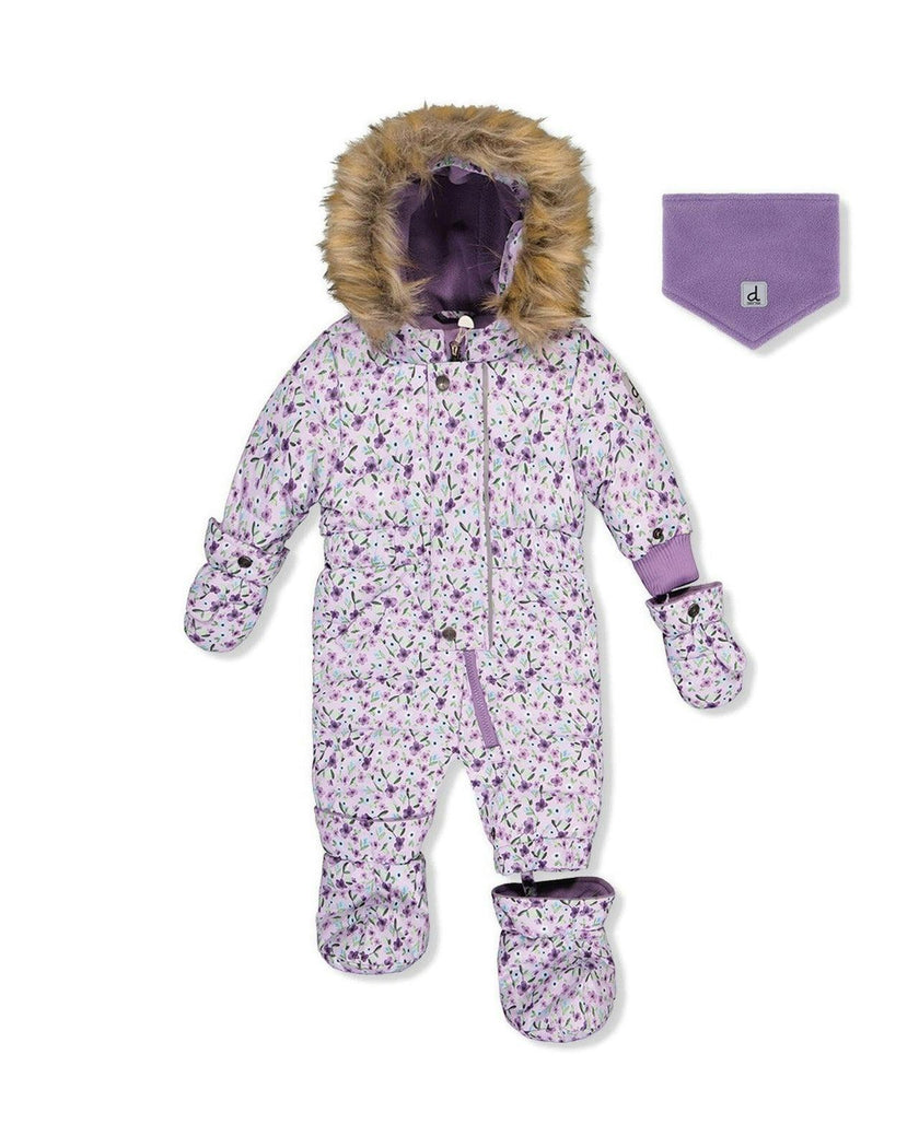 Baby Original One Piece Puffy Snowsuit With Removable Mittens And Boots Purple Printed Mini Flowers
