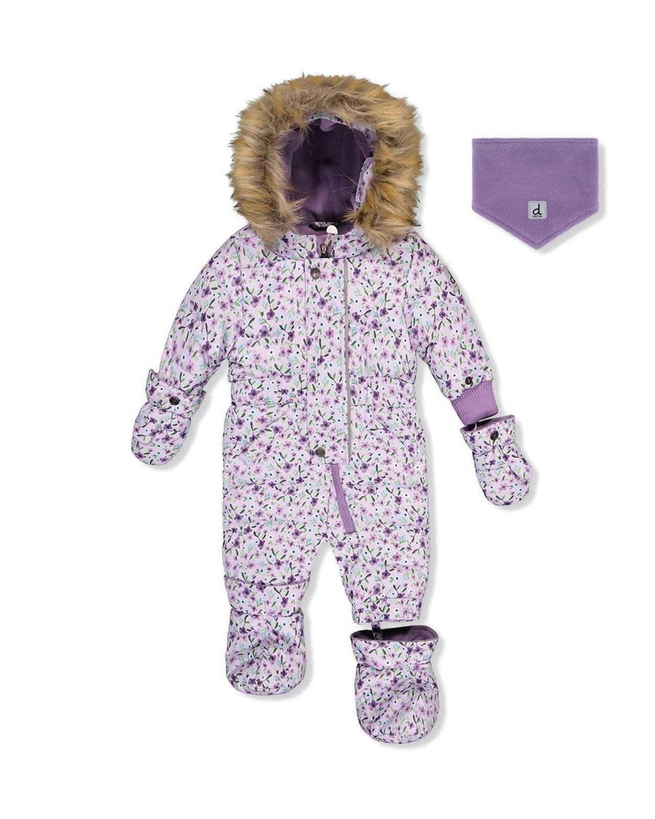 Baby Original One Piece Puffy Snowsuit With Removable Mittens And Boots Purple Printed Mini Flowers