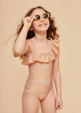 Orange Flowers Girls' Ruffle Swimsuit
