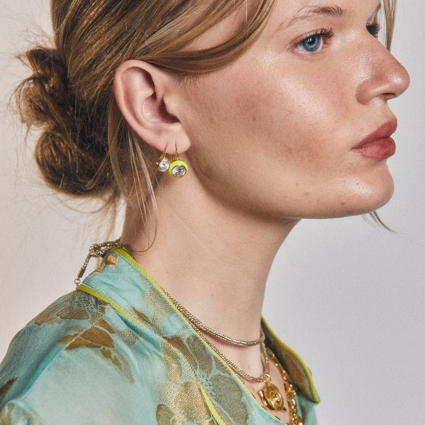 Chartreuse Enamel Bezel Drop Earrings