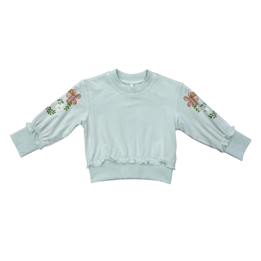 Girls Ruffle Hem Sweatshirt in Floral Sleeves in Misty Blue
