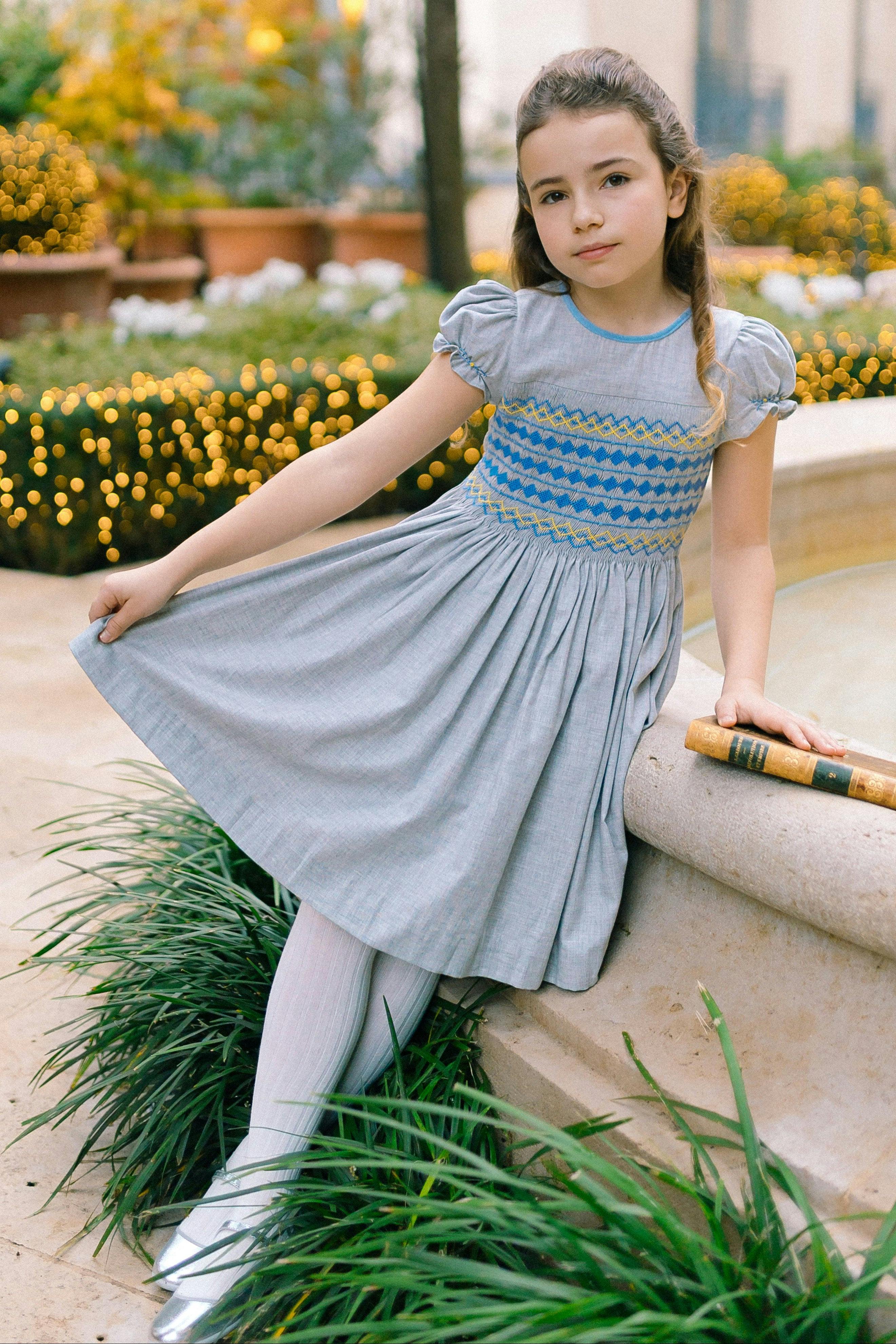 AMBRE GREY FLANNEL SMOCKED DRESS