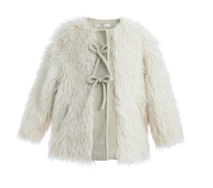Cream Faux Fur & Wool Bow Coat
