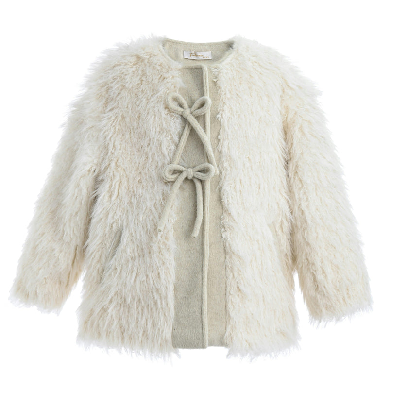 Cream Faux Fur & Wool Bow Coat