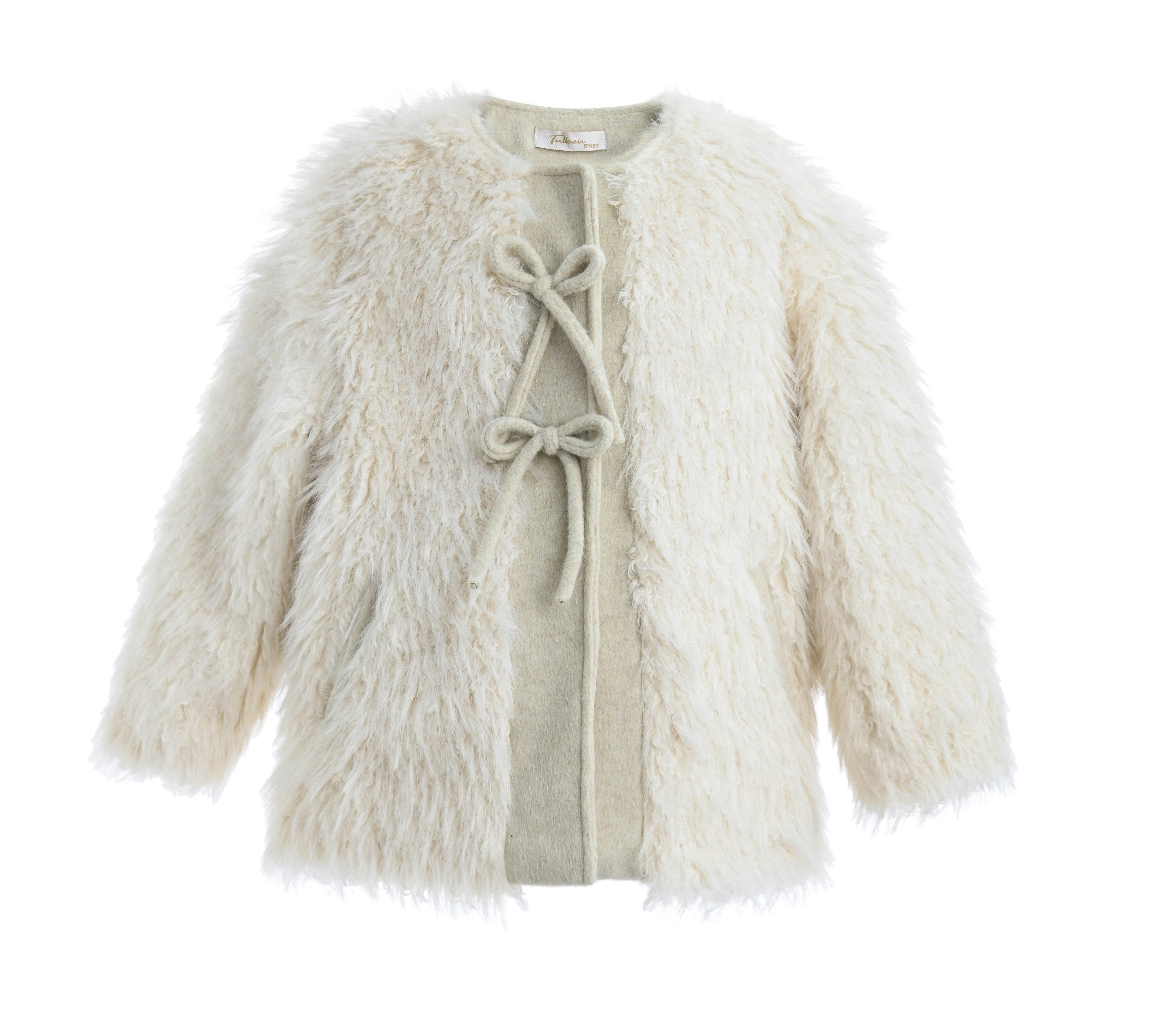 Cream Faux Fur & Wool Bow Coat