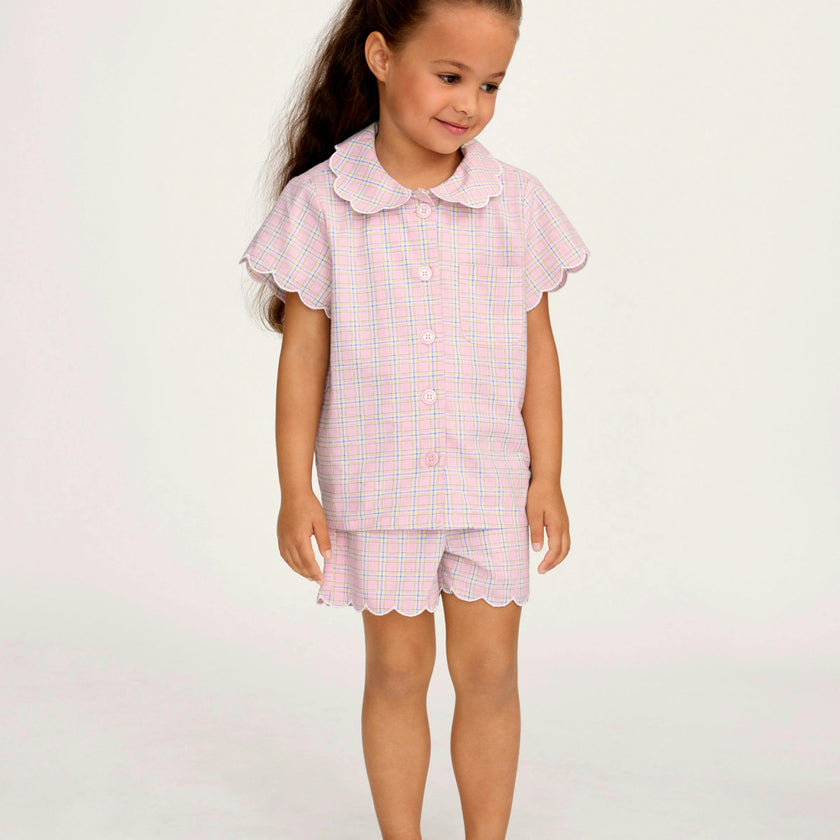 Kid's Twill Colette Short Set in Peony Plaid