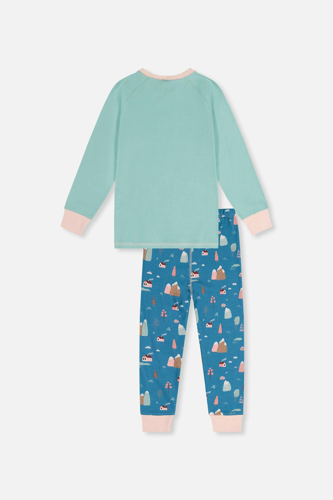 Organic Cotton Two Piece Pajama Set Blue House Print
