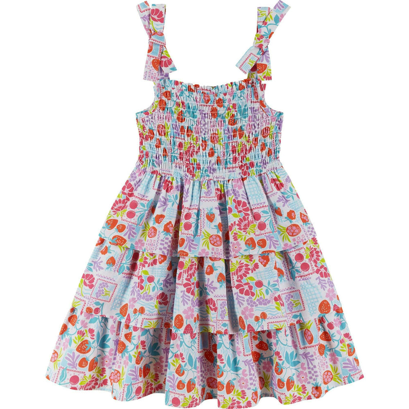 Girls Tiered Poplin Dress | White Strawberry