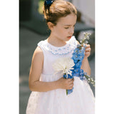 Cordelia White Linen Dress with Blue Tulle Embroidery