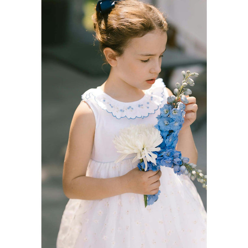 Cordelia White Linen Dress with Blue Tulle Embroidery