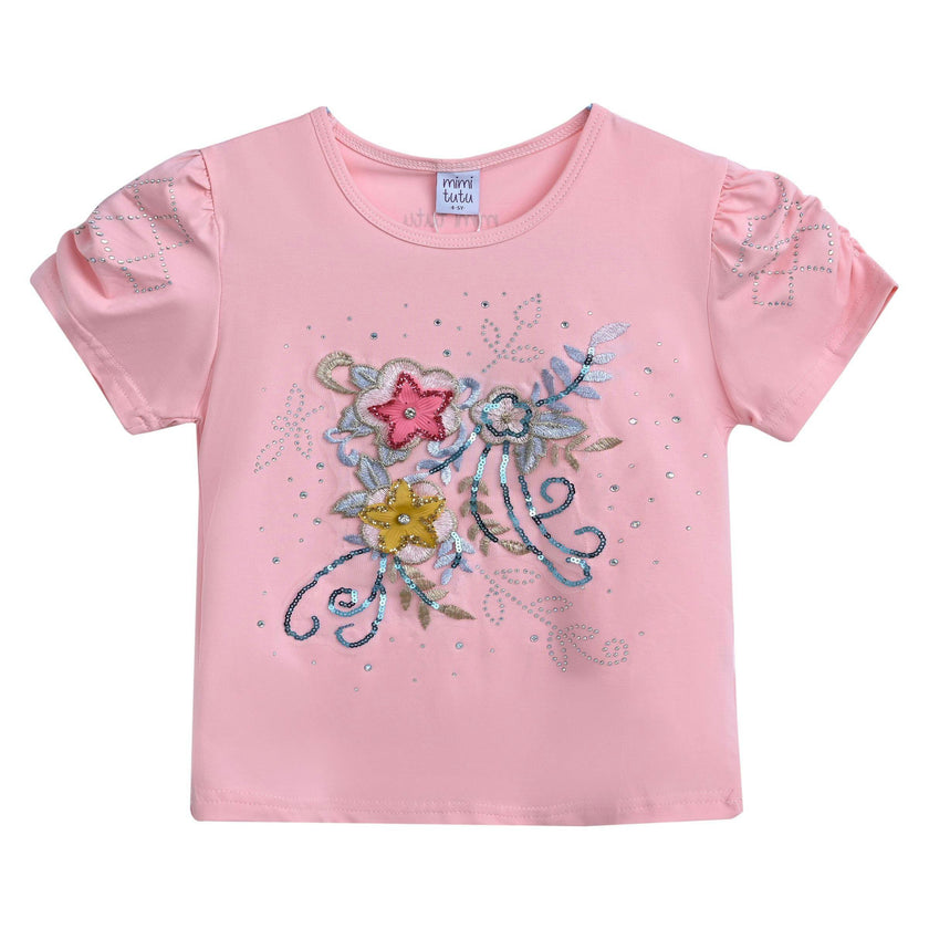 Pink Flowers Applique T-Shirt
