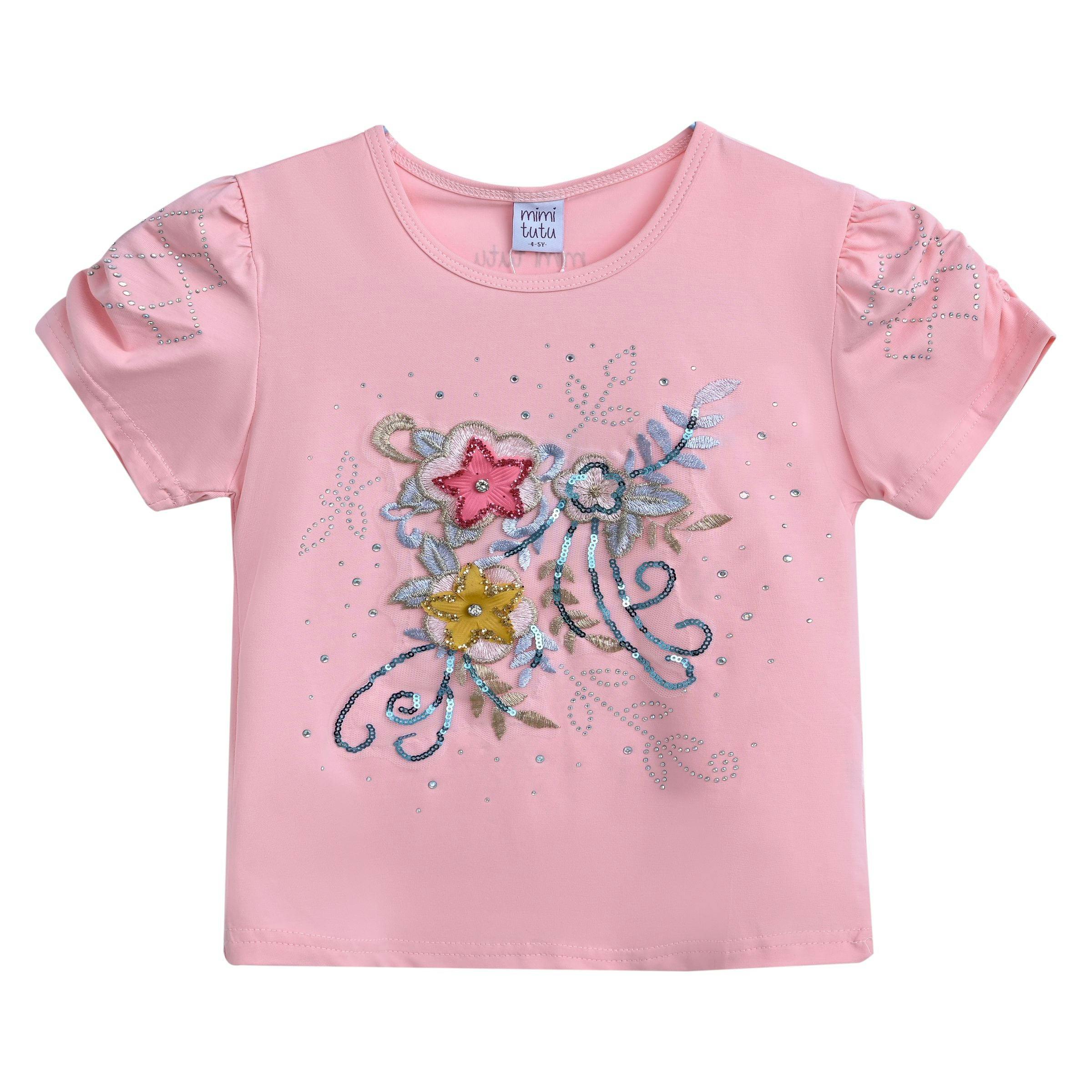 Pink Flowers Applique T-Shirt