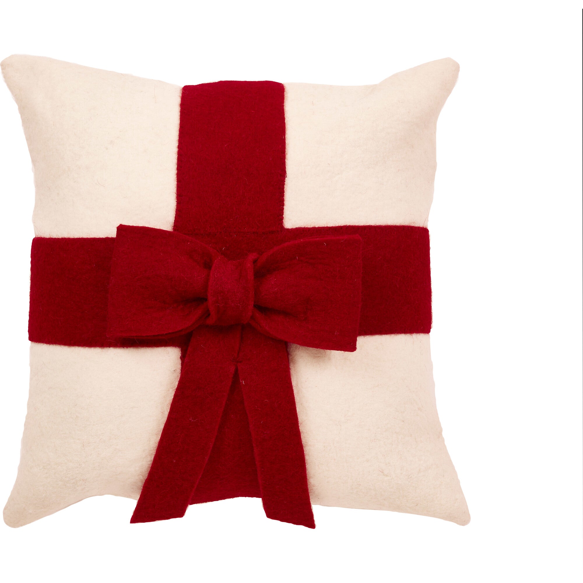 Red Bow on Cream - Christmas Pillow Cover in Hand Felted Wool - 14
