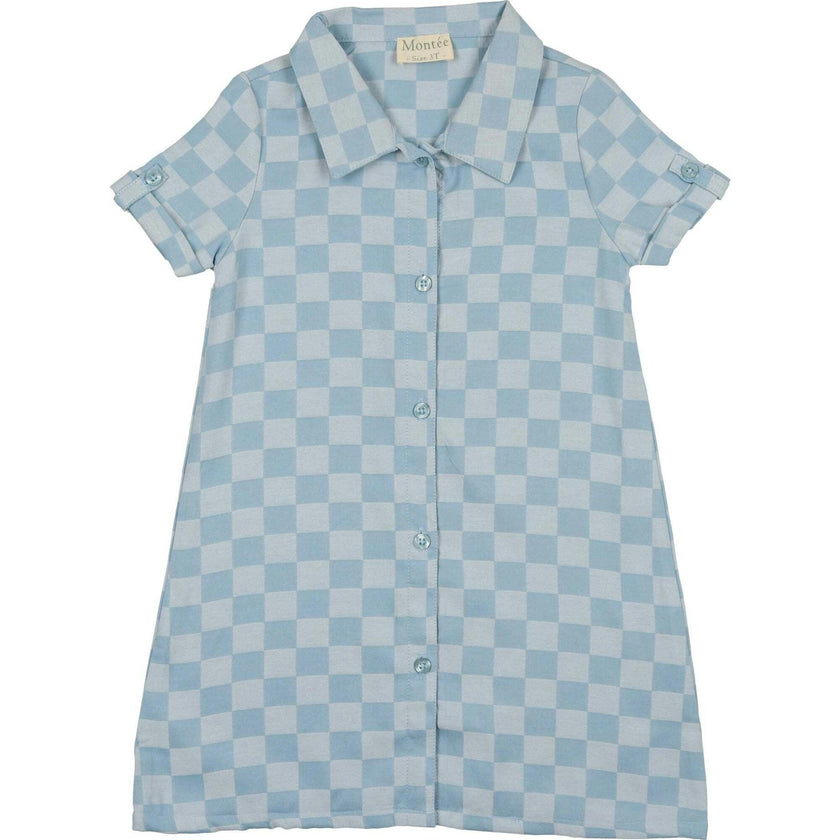 Denim Check Rolled Cuff Short Sleeve Shirt Dress