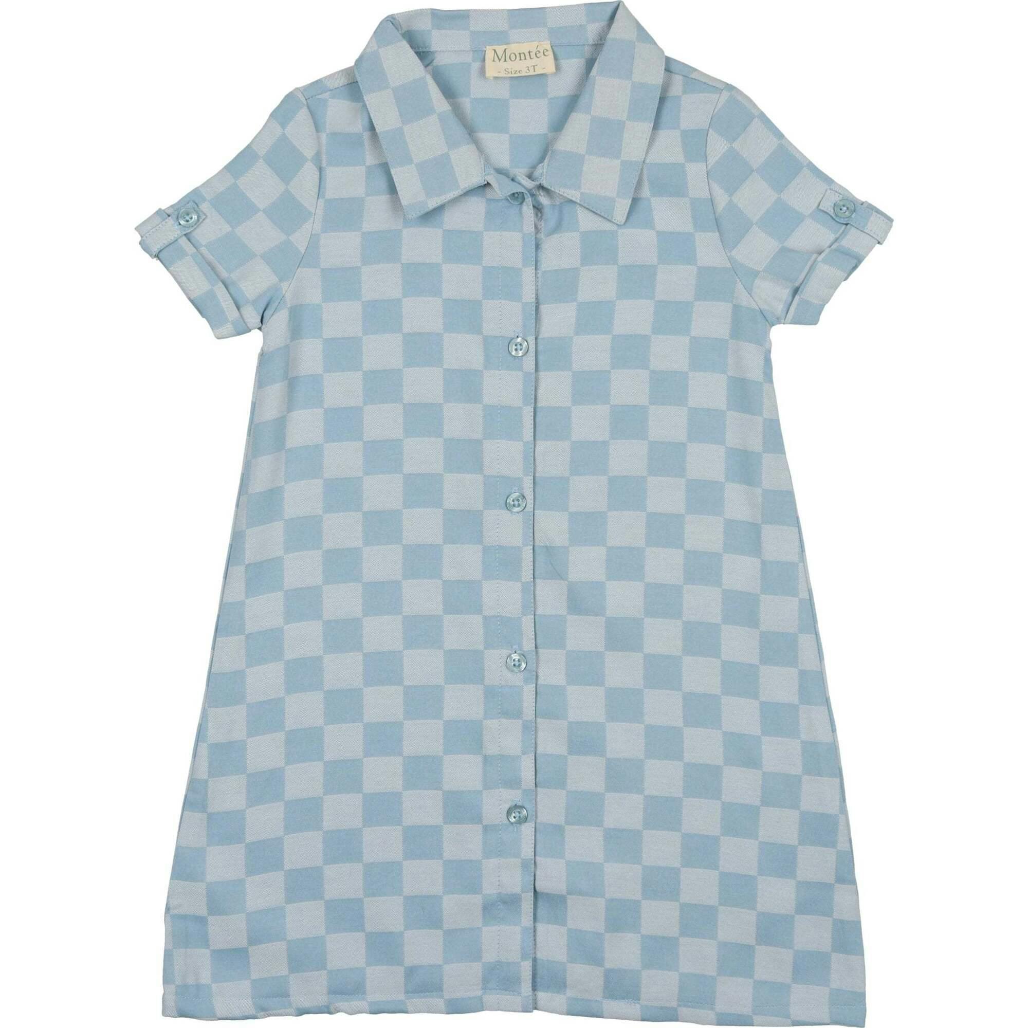Denim Check Rolled Cuff Short Sleeve Shirt Dress