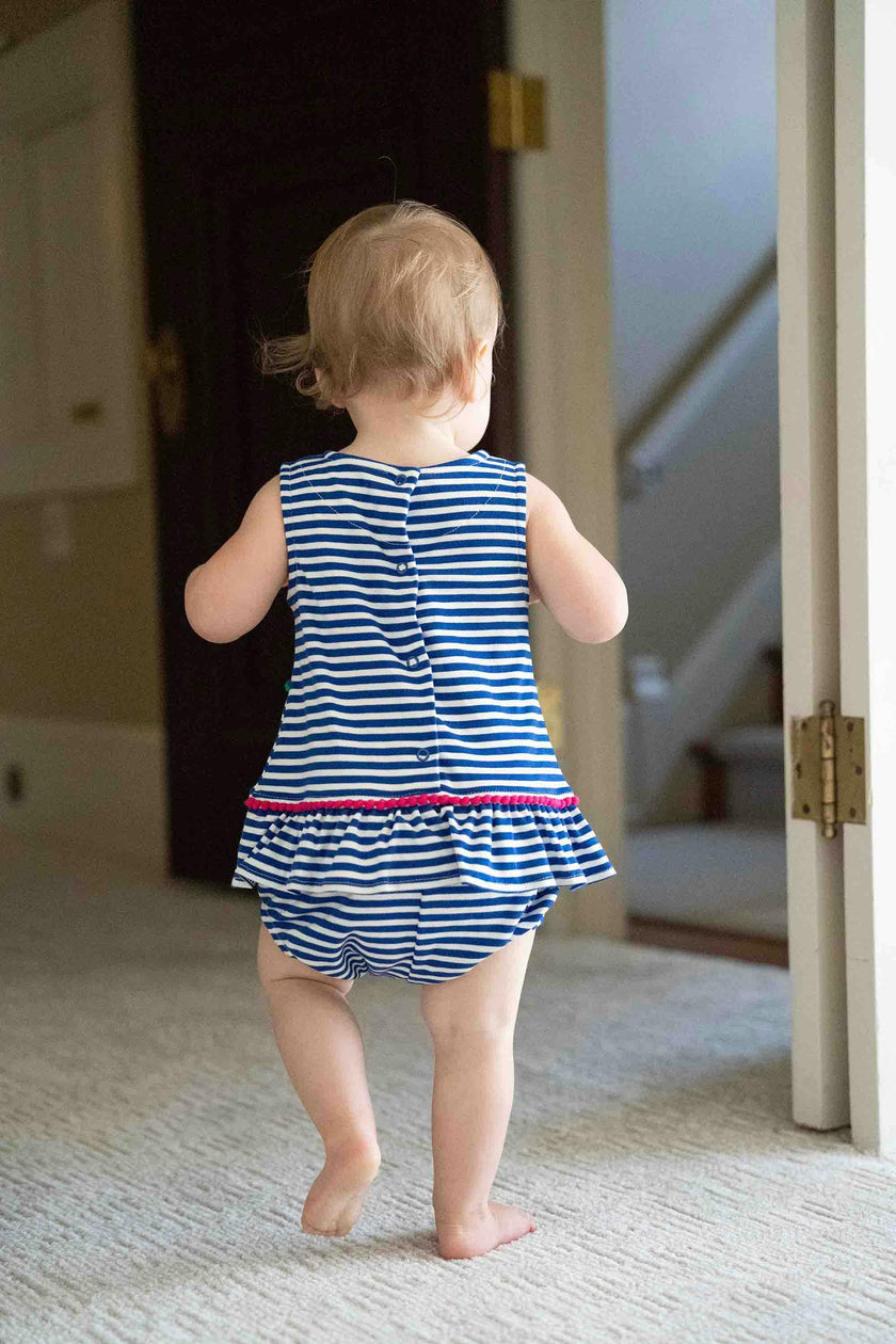 Stripe Knit Romper With Pom Poms & Flowers