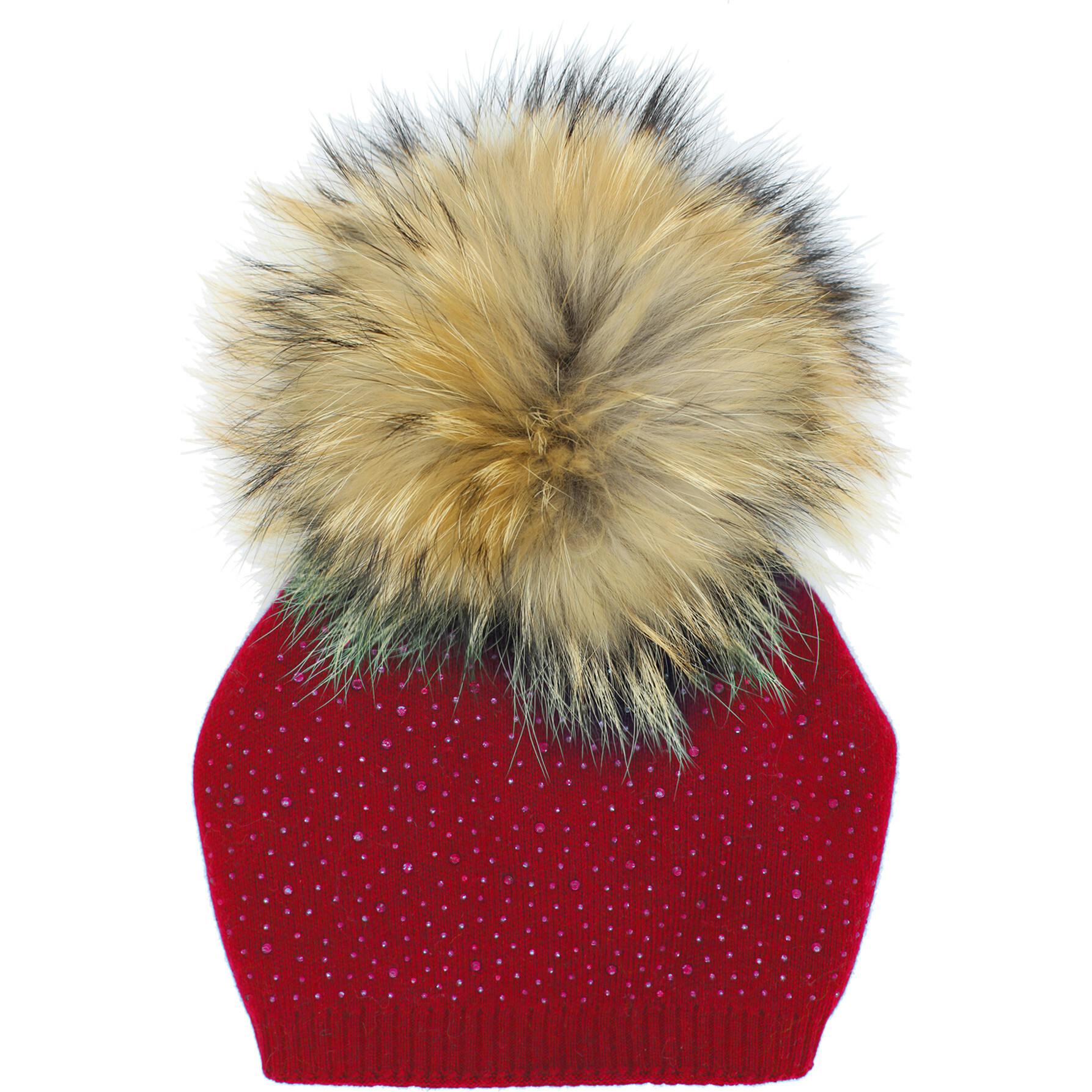 Sewn Knit Wool Hat With Faux Fur Pom, Navy