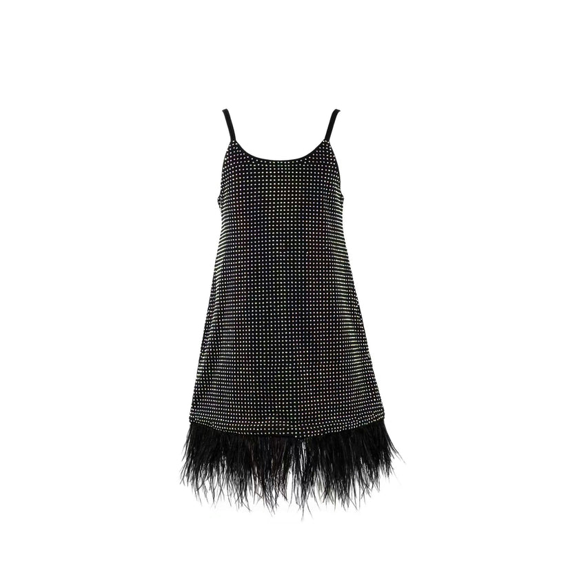 Midnight Crystal Feather Hem Sleeveless Dress