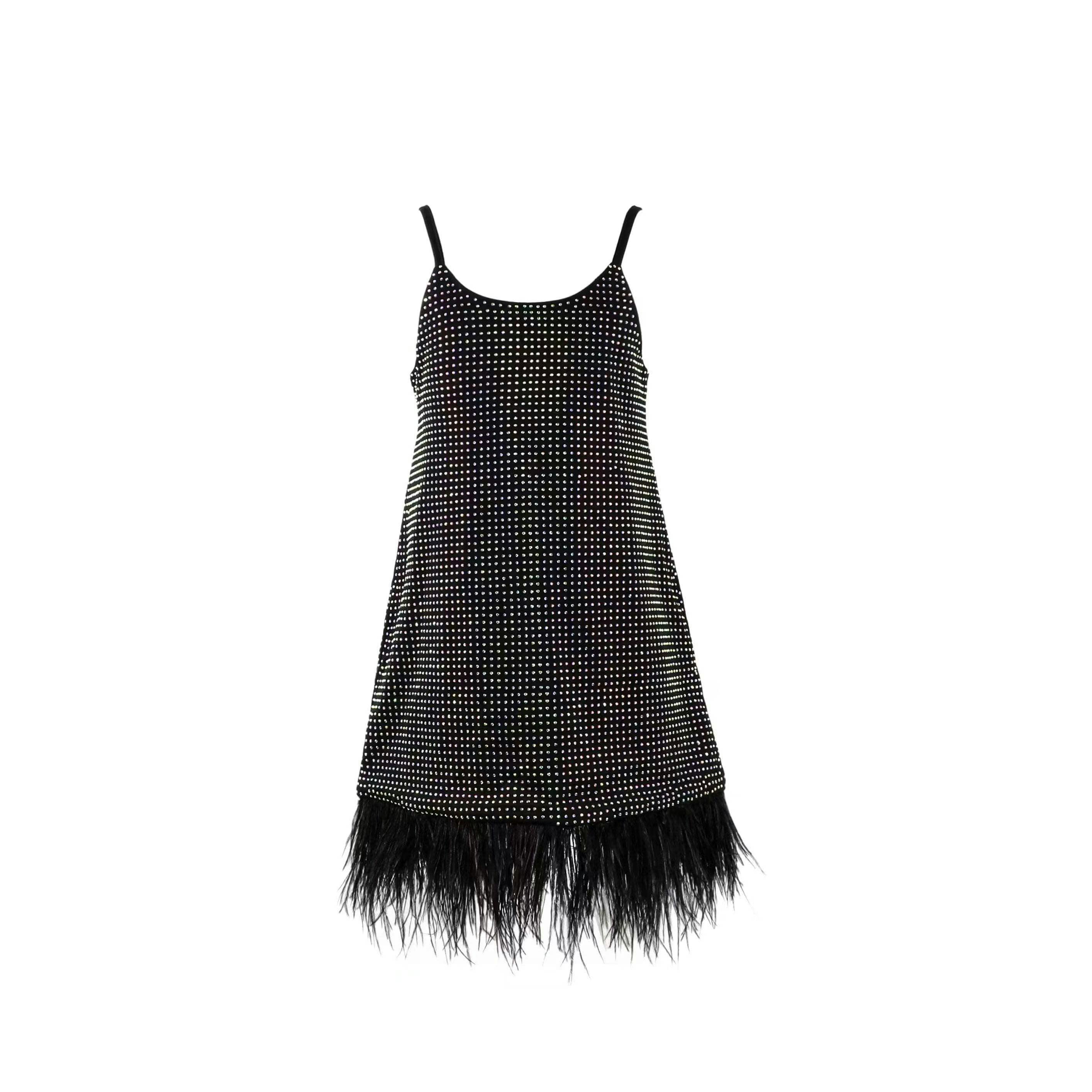 Midnight Crystal Feather Hem Sleeveless Dress