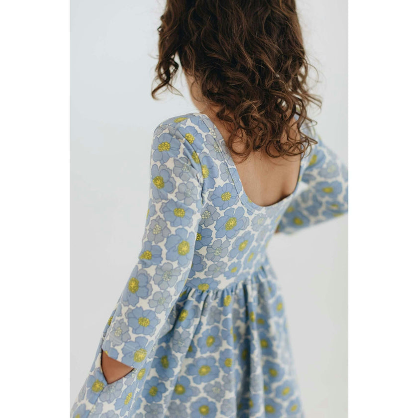3/4 Sleeve Twirl Dress in Periwinkle Meadow