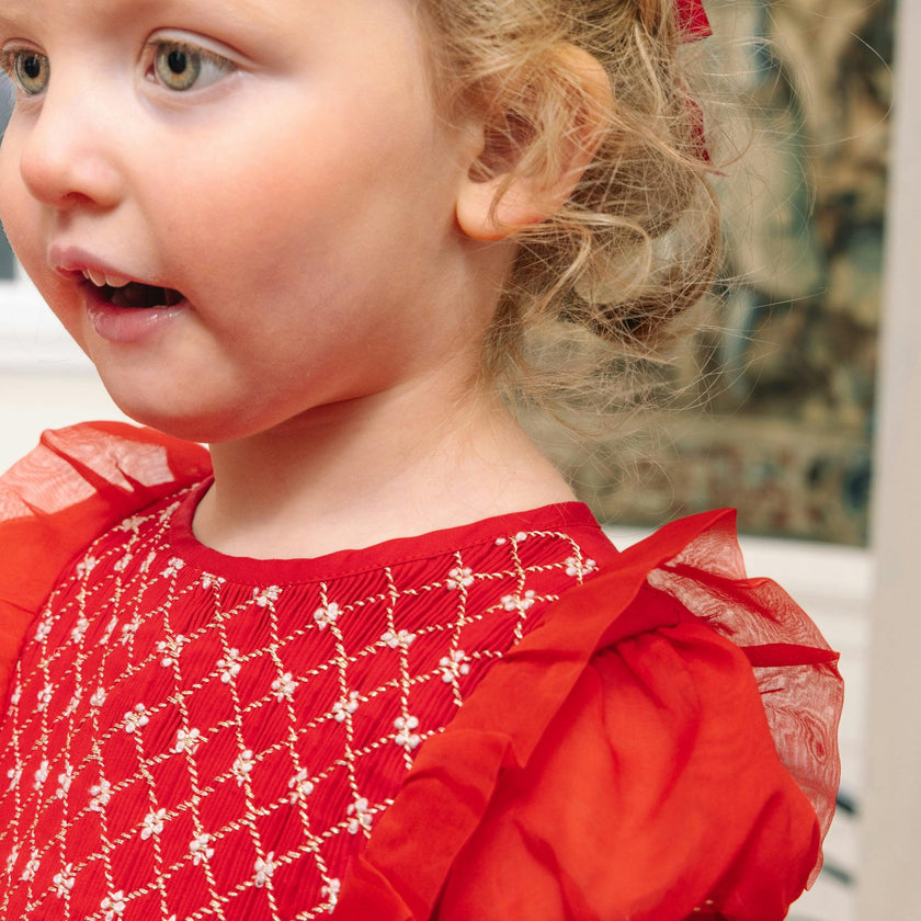 Camelia Red Cotton Smocked Dress