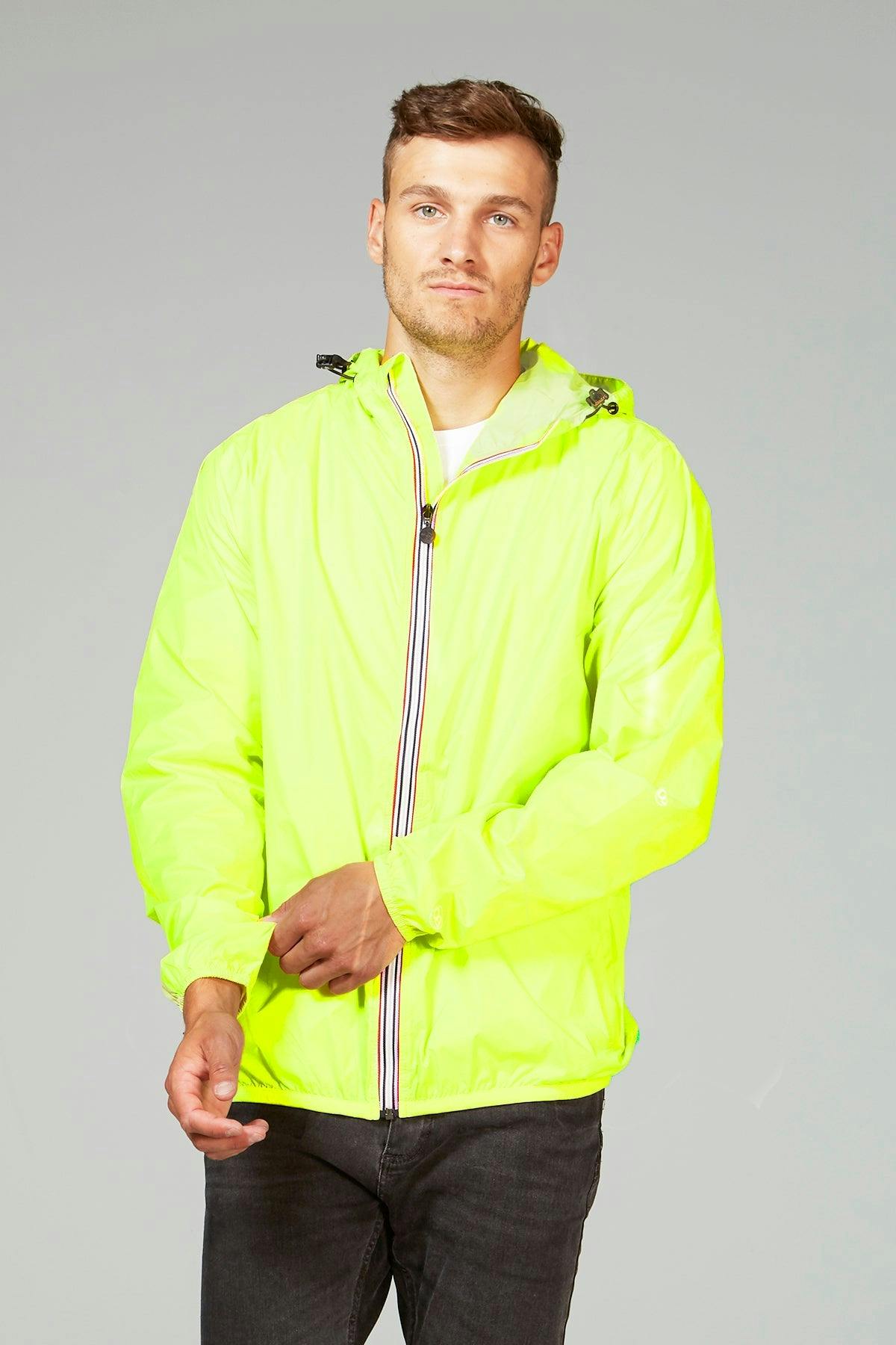Yellow fluo full zip packable rain jacket and windbreaker