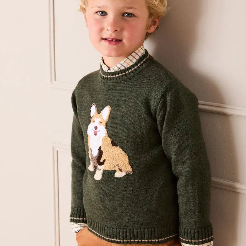 Corgi Embroidered Button Detail Jumper in Green (18mths-10yrs)