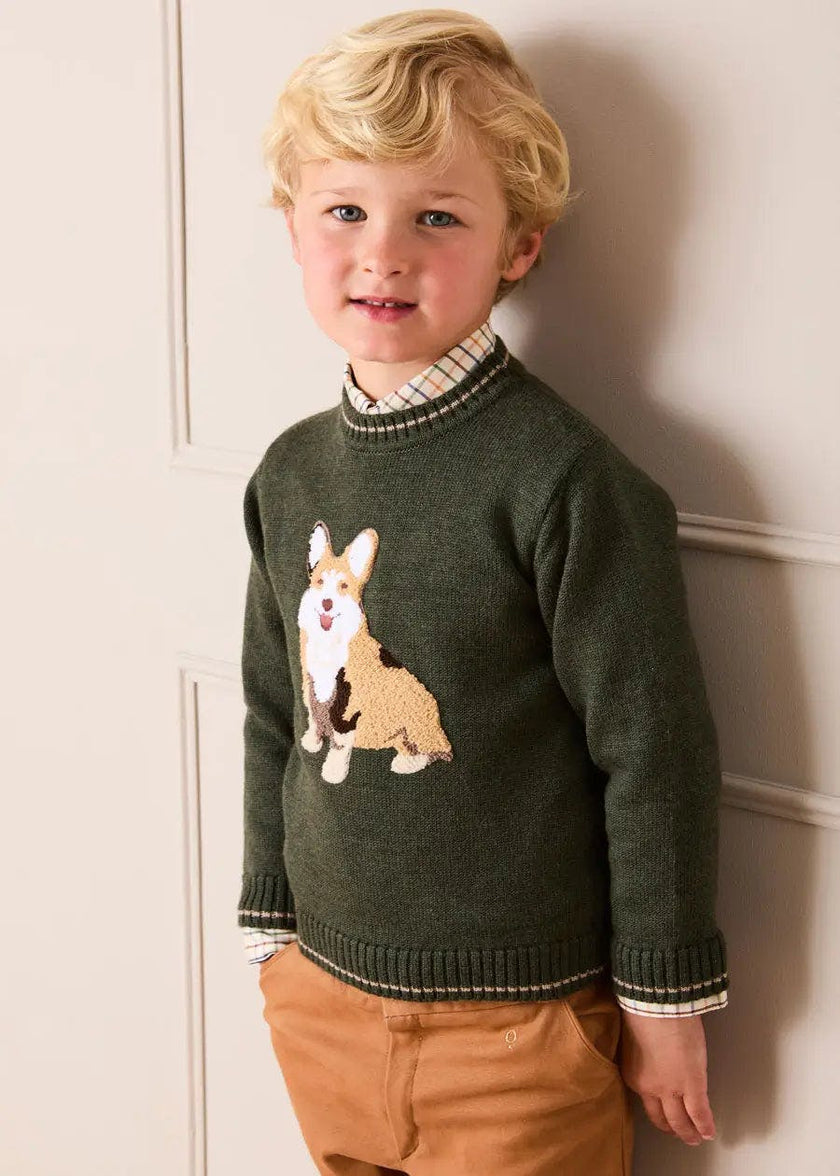 Corgi Embroidered Button Detail Jumper in Green (18mths-10yrs)