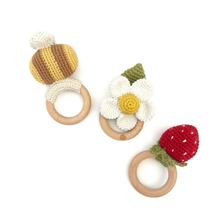 Summer Rattle Set - Red Strawberry Bee and White Flower