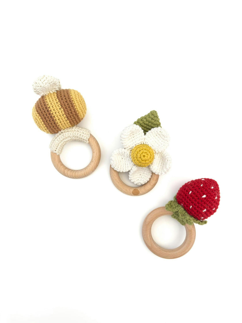 Summer Rattle Set - Red Strawberry Bee and White Flower
