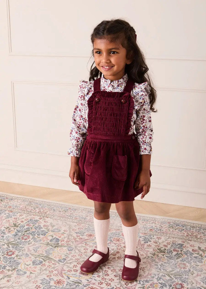 Corduroy Frill Detail Skirt with Braces in Burgundy (12mths-3yrs)
