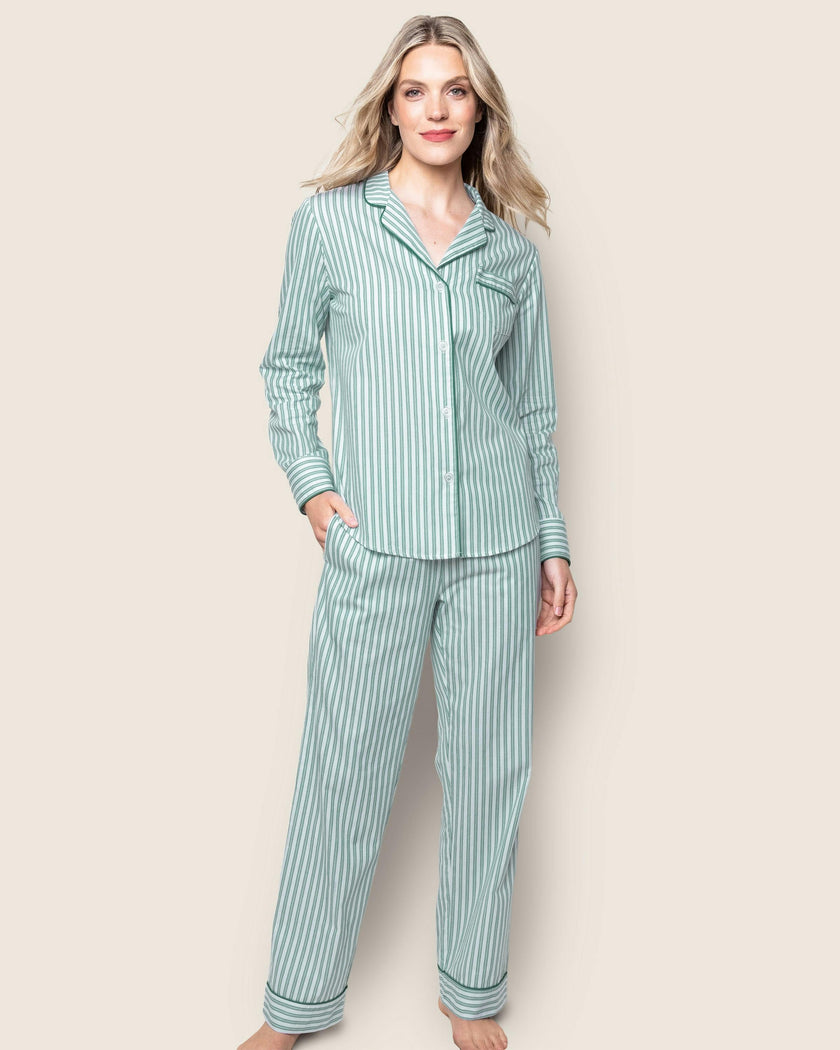Women's Twill Pajama Set in Emerald Ticking