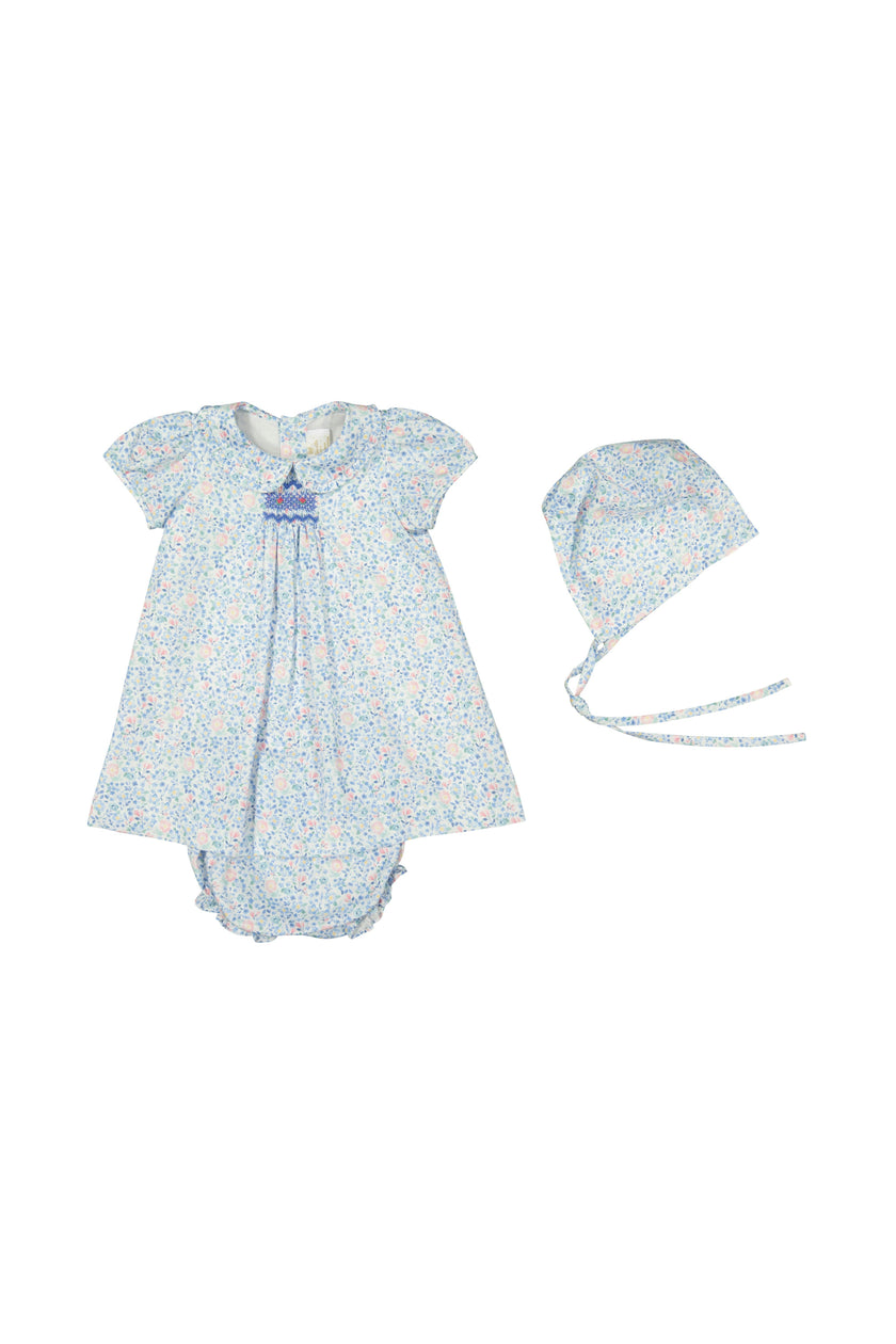 Olympe Blue Floral Smocked Baby Set with Bloomers and Hat